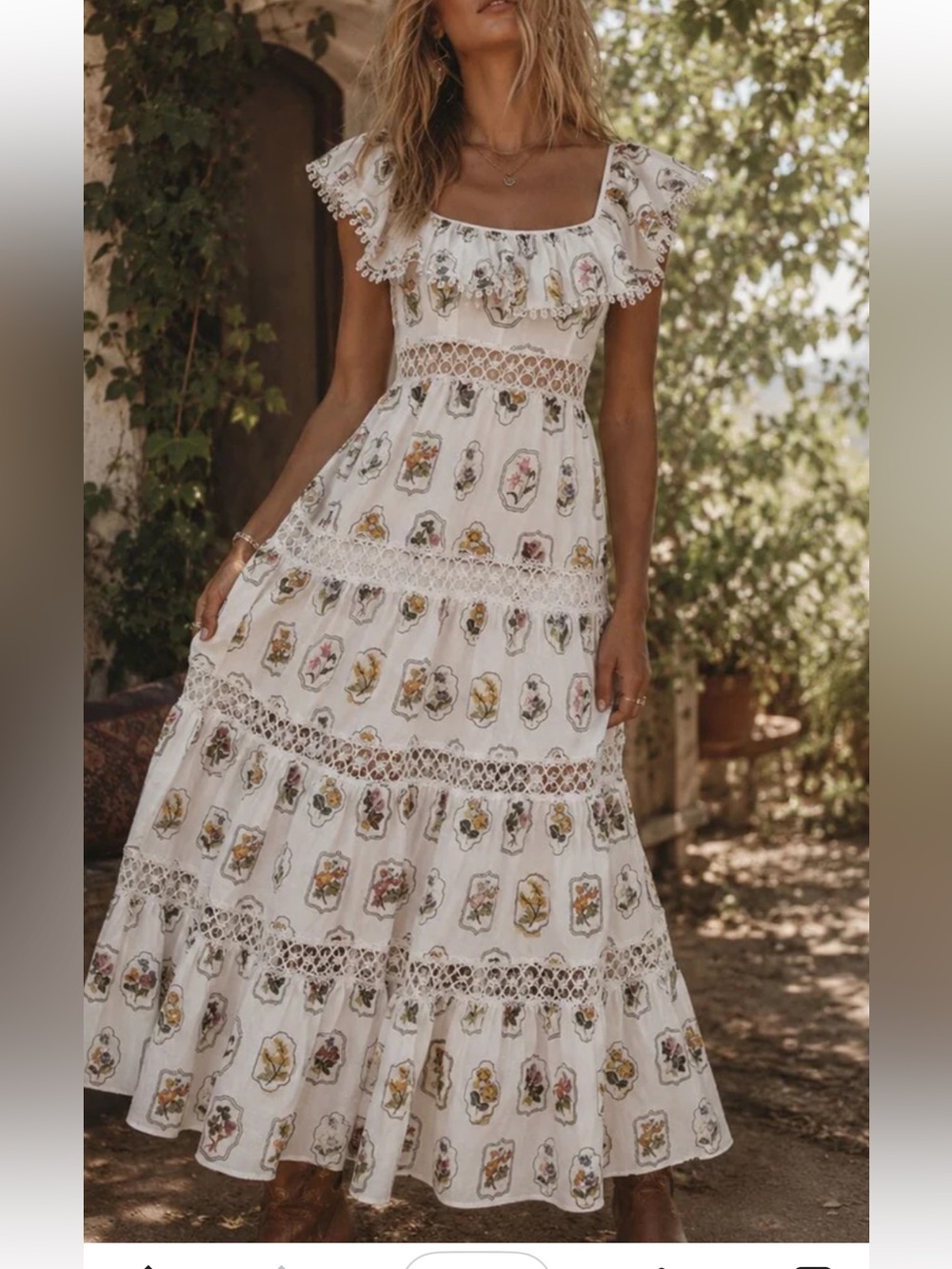 Boho NWT Garden WOMENs RUFFLE TIERED FLORAL EMBROIDERY MAXI DRESS S-M-L